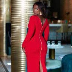 Rebdolls Red Long Sleeve Midi Dress with Back Zip Detail